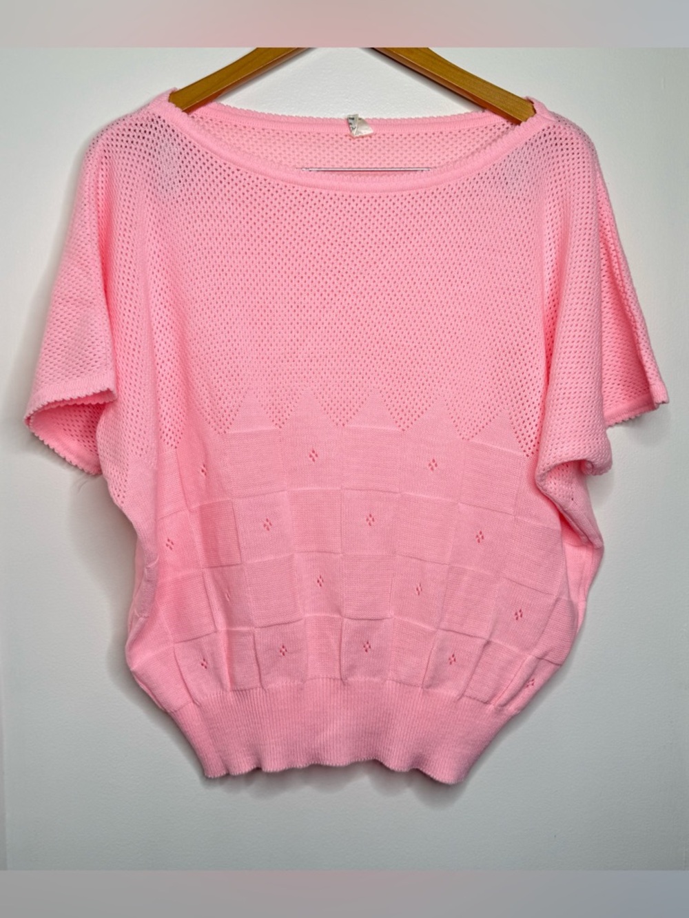Vintage 80s Pink Lightweight Knit Sweater Women’s Size XL Pointelle Pastel